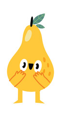 Surprised yellow pear cartoon character with big eyes, hands on face, and small legs is standing against a white background, creating a playful and expressive image