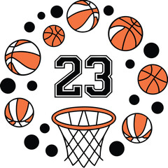 Graphic Number 23 with Basketballs, Net, Black Dots on White Background Design