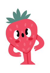 Cartoon strawberry character standing with arms akimbo and a surprised expression, exuding a playful and funny vibe perfect for children s projects and healthy eating themes