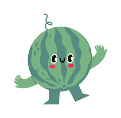 Colorful cartoon illustration featuring a cheerful watermelon mascot character happily walking and waving, complete with arms and legs, set against a clean white background