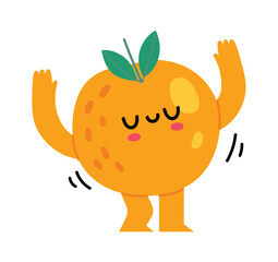 Cartoon orange fruit character waving and dancing happily with arms and legs. Enjoying life with a cheerful expression. Promoting healthy eating habits and adding a touch of fun to nutrition concepts