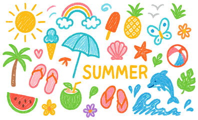 Cheerful summer vibe collection with hand drawn elements representing happy vacation and beach lifestyle