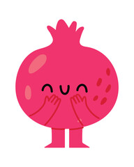 Laughing pomegranate cartoon character with hands on face, showcasing a cheerful and happy expression, perfect for healthy food or Rosh Hashanah projects