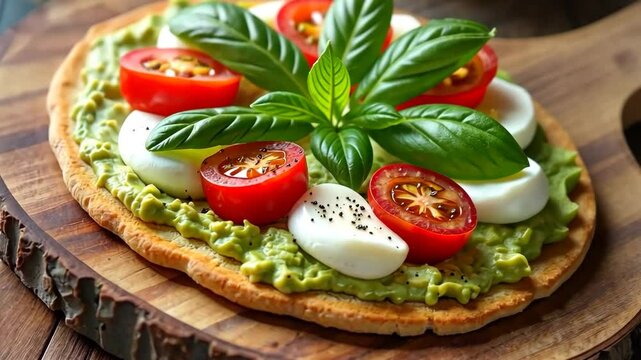 Vegetarian caprese pizza with creamy avocado base, fresh basil, cherry tomatoes and mozzarella, served on wooden board, healthy organic flatbread for plant-based Mediterranean lifestyle