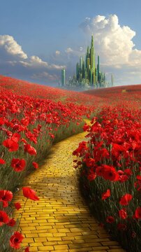 Fototapeta A stunning image of stunning image of stunning image of yellow brick road leading through poppy field to green emerald city in the distance. Wizard of Oz concept.