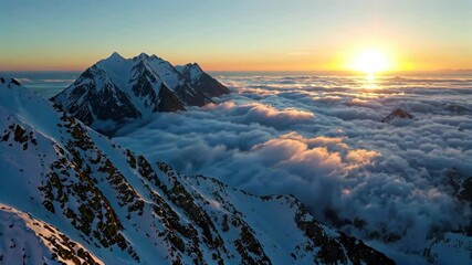 mountains covered in snow and clouds with a sun setting in the distance - Powered by Adobe