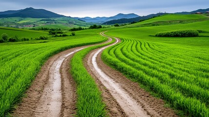 Winding dirt road through lush green fields with rolling hills and mountains in the background