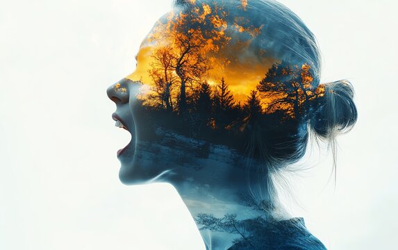 Double exposure portrait of a woman shouting, with a fiery landscape inside her head.  Inner turmoil concept.