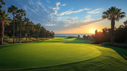 Coastal golf course at sunset with palm trees