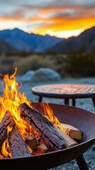 Cozy bonfire in outdoor fire pit with mountains at sunset, perfect for travel editorials, camping visuals, or lifestyle content