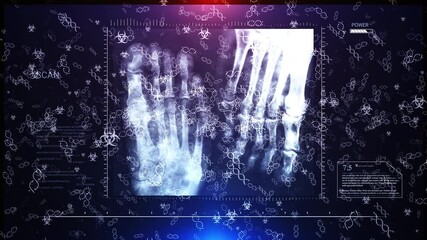 Foot X-Ray Scan with DNA and Biohazard Symbols Overlayed in a Futuristic Interface - Powered by Adobe