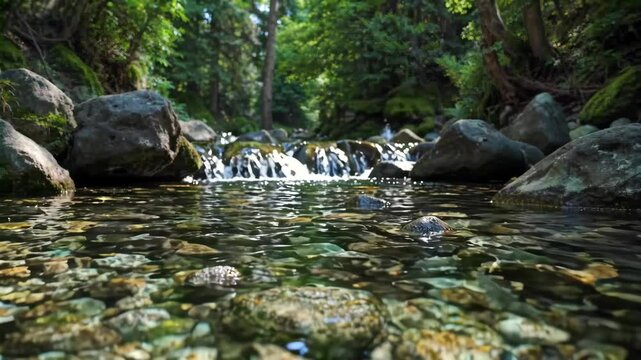 there is a stream of water running through a forest filled with rocks