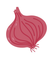 Cartoon illustration of a red onion with visible texture and roots, isolated on a white background, representing healthy eating and fresh ingredients for cooking
