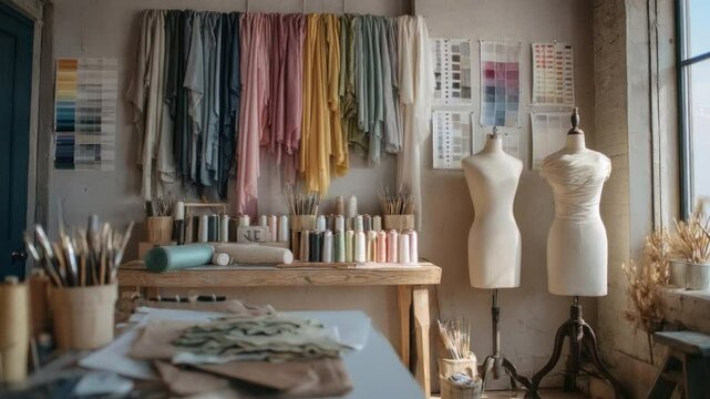 Creative Studio Sanctuary: Step into an artistic atelier, where vibrant fabrics, design tools, and mannequin stand ready to transform ideas into tangible creations.