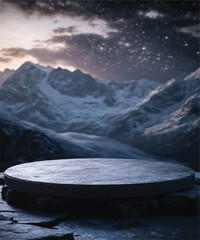 Wood Table Round with Green Tea Fields and Blue Sky Background - Circular Timber Table on Blurry Nature Tea Landscape Background - Front Round Wood Table with Tea Farm View – Blurred Effect