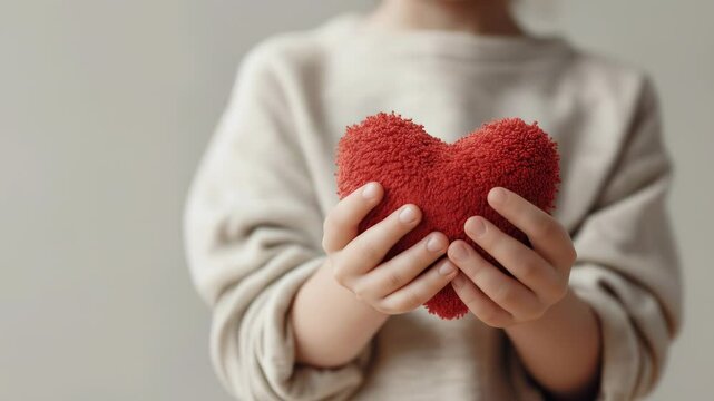 A child holds a soft heart plush toy, symbolizing love and innocence.