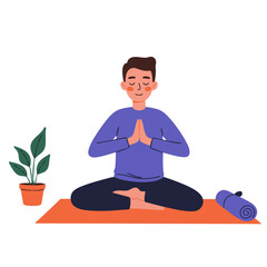 A serene person meditating indoors on a yoga mat plant beside
