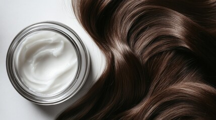 White hair mask in jar next to wavy chestnut hair