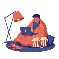 An illustration of a person wrapped in a blanket watching a laptop with popcorn beside them under a lamp