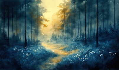 Obraz premium Watercolor forest with blooming white flowers.