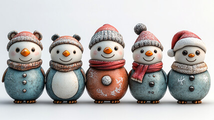 Cute snowmen and penguins, lined up, winter scene, festive
