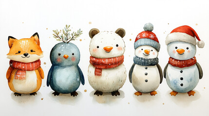 Cute watercolor winter animals, holiday, festive, on white background