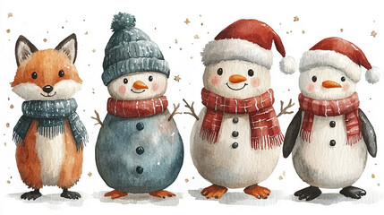 Cute winter animals and snowmen in watercolor illustration