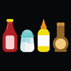 Various spices and sauces for cooking or food. Chili sauce, salt, mayonnaise, mustard, chocolate spread.