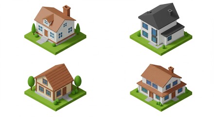 4 icon home 3D isometric on white isolated