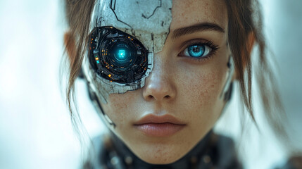 Cyberpunk girl with bionic eye, close-up, futuristic background