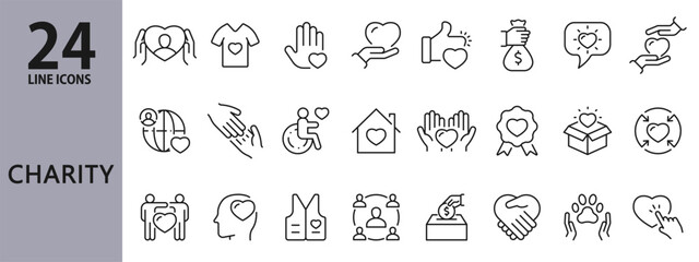 Charity line icons set with Donate, Gift, Help, Volunteer, Care, Love, Community and more. Editable Stroke