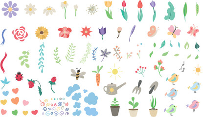colorful flowers and gardening tools collection vector illustration