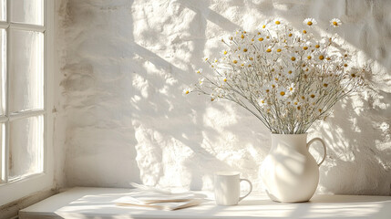 Daisies in vase by sunny window, stone wall background, tranquil scene