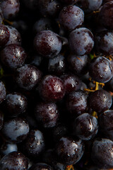 Close up of raw organic sweet purple grapes background, wine grapes texture, Healthy fruits purple wine grapes background, top view 