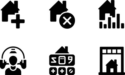 Six black house icons showing add remove value and more