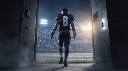 Back view of a rugby player walking from the locker room to the field
