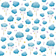 Seamless pattern with watercolour blue clouds, yellow stars, and dangling raindrop-like purple beads on strings on a white background