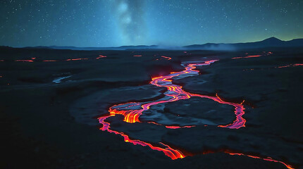 Ai generated image of molten river of lava flows under a starry night sky, illuminating the dark landscape