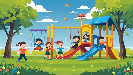 Joyful Children Playing at a Vibrant Playground in a Sunny Park