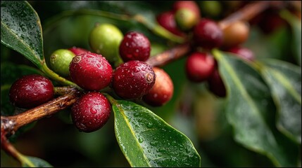 Macro shot of coffee arabica cherries on a branch with raindrops