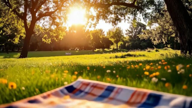 Picnic blanket on green grass in a park, sunny day, trees and wildflowers in the background. Outdoors relaxation and nature scene.
