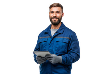 Smiling male technician worker holding a digital tablet, isolated on transparent background. Concept of modern industry and maintenance