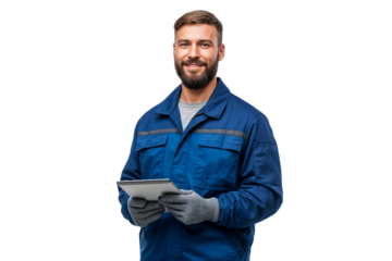 Smiling male technician worker holding a digital tablet, isolated on transparent background. Concept of modern industry and maintenance