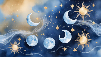 Fototapeta premium Watercolor celestial pattern with moon phases, stars, suns, and cosmic dust in dreamy blue and gold