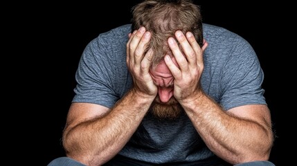 Man with beard holding his head in frustration or stress against a black background