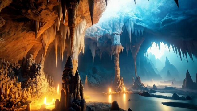 Mysterious illuminated cavern interior featuring water reflection and striking rock formations