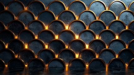Dark, modern, fishscale wall with golden accents, illuminated interior, empty space