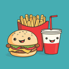 Cute Burger Meal: A cartoon burger, french fries, and soda cup smile cheerfully together, creating a fun and appetizing image perfect for food blogs or social media.