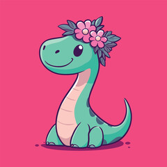 Dino Adorned with Flowers: A charming, vibrant drawing features an adorable baby dinosaur with a floral crown. radiating cuteness and whimsical joy.
