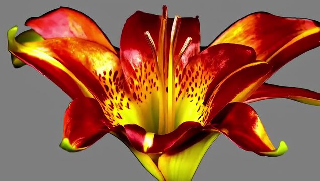 Timelapse of a gloriosa lily blooming with dramatic curling red and yellow petals, showcasing a striking and unusual floral form. Created with generated AI.